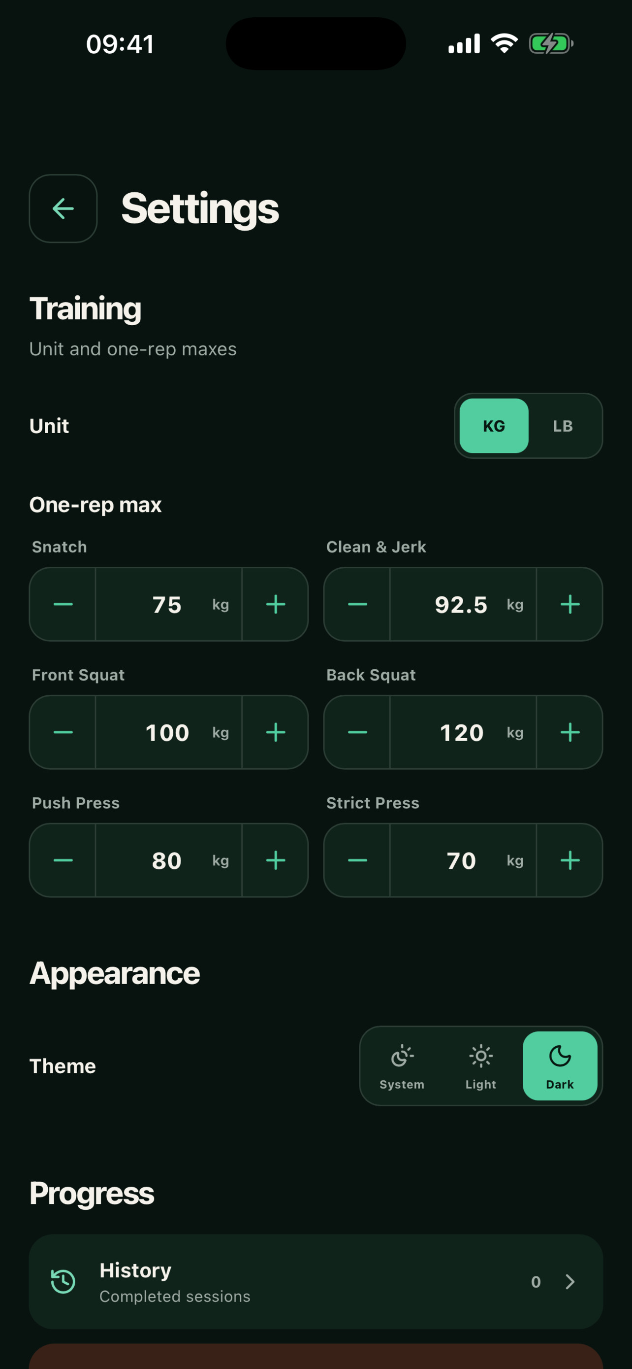 Personalize screen for one-rep maxes and units