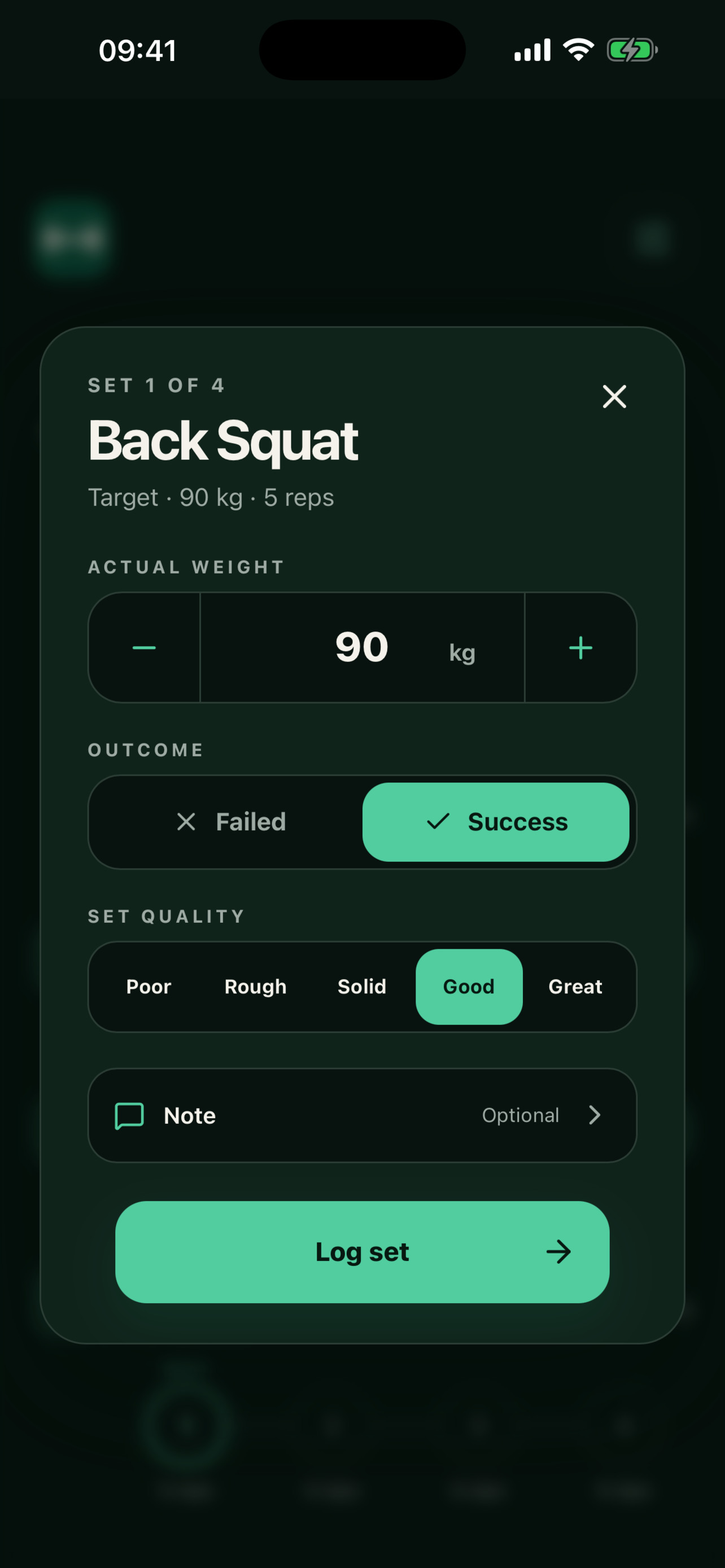 Set log for a Back Squat set with actual weight, outcome, quality, and note controls